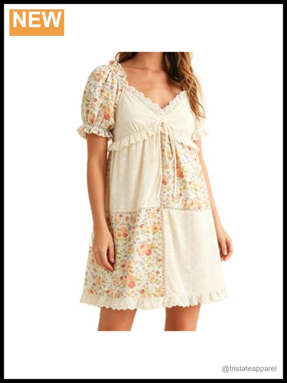 Boho Floral Babydoll Mini Dress Puff Sleeve Eyelet Lace A-Line Sundress